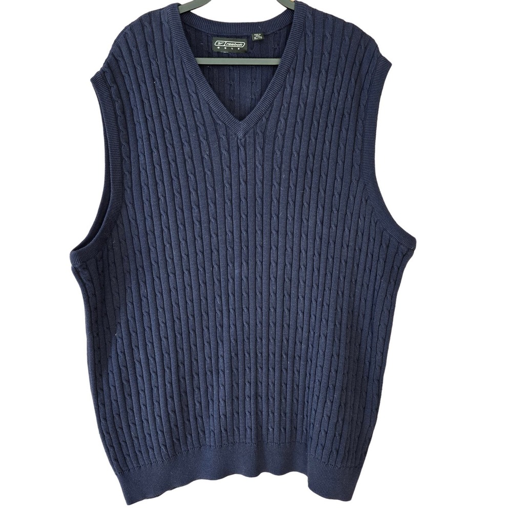 Reebok Golf Sweater Vest Mens Cableknit Cotton V-Neck XL Navy Blue Sporty Office
